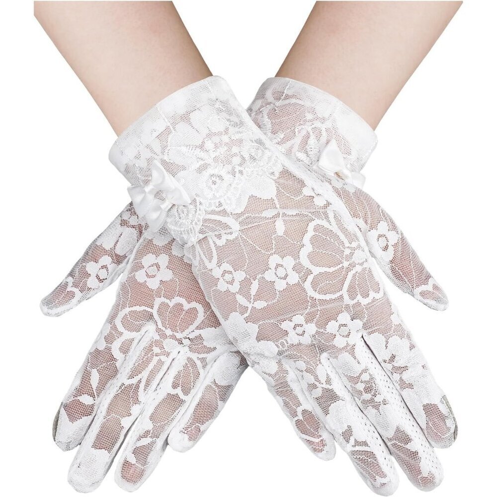 Women's White Short Floral Finger Less Nylon Halloween Cosplay Lace Gloves